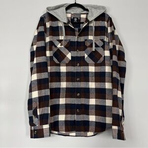 Amnesia Mens Hooded Plaid Flannel Long Sleeve Shirt Navy Blue & Brown Size M